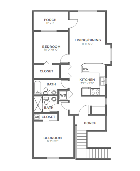 Floor plan for 2 beds, 1.8 baths, 872 sqft